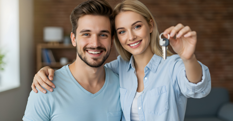 vrolijk jong stel toont de sleutels van hun nieuwe huis